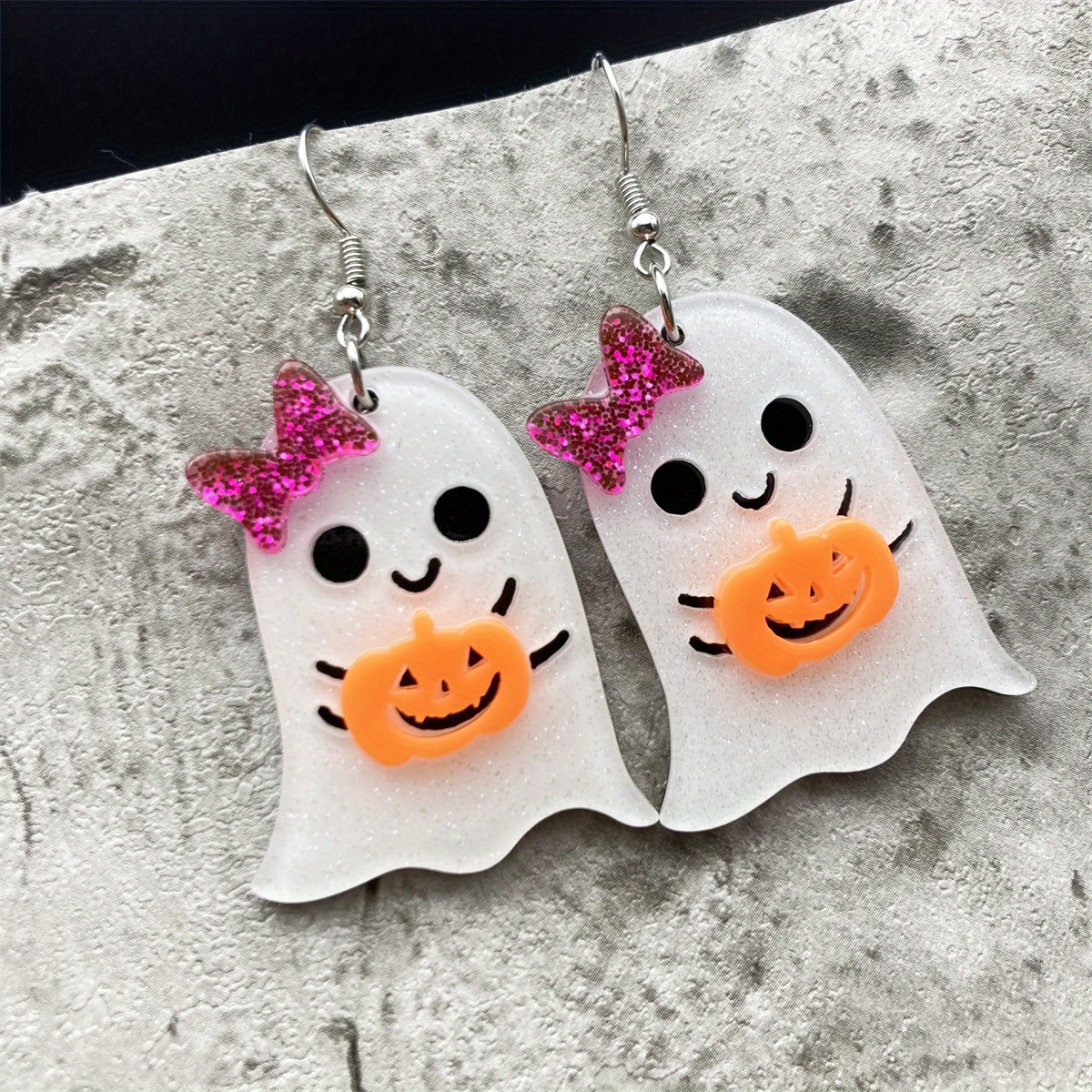 TEMU Halloween Earrings With Shiny Pumpkin And Bowknot- Cute Cartoon Acrylic Pendant And Dangle Earrings For Women And S- 316l Stainless Steel Hook,