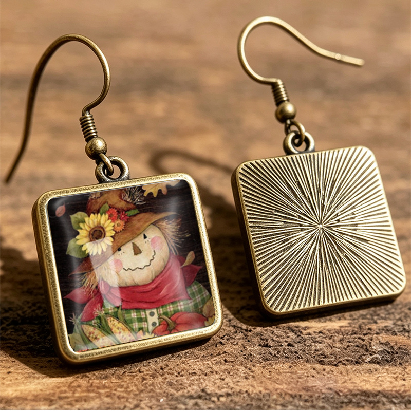 Unisex Autumn Sunflower Scarecrow Square Hook Hanging Earrings
