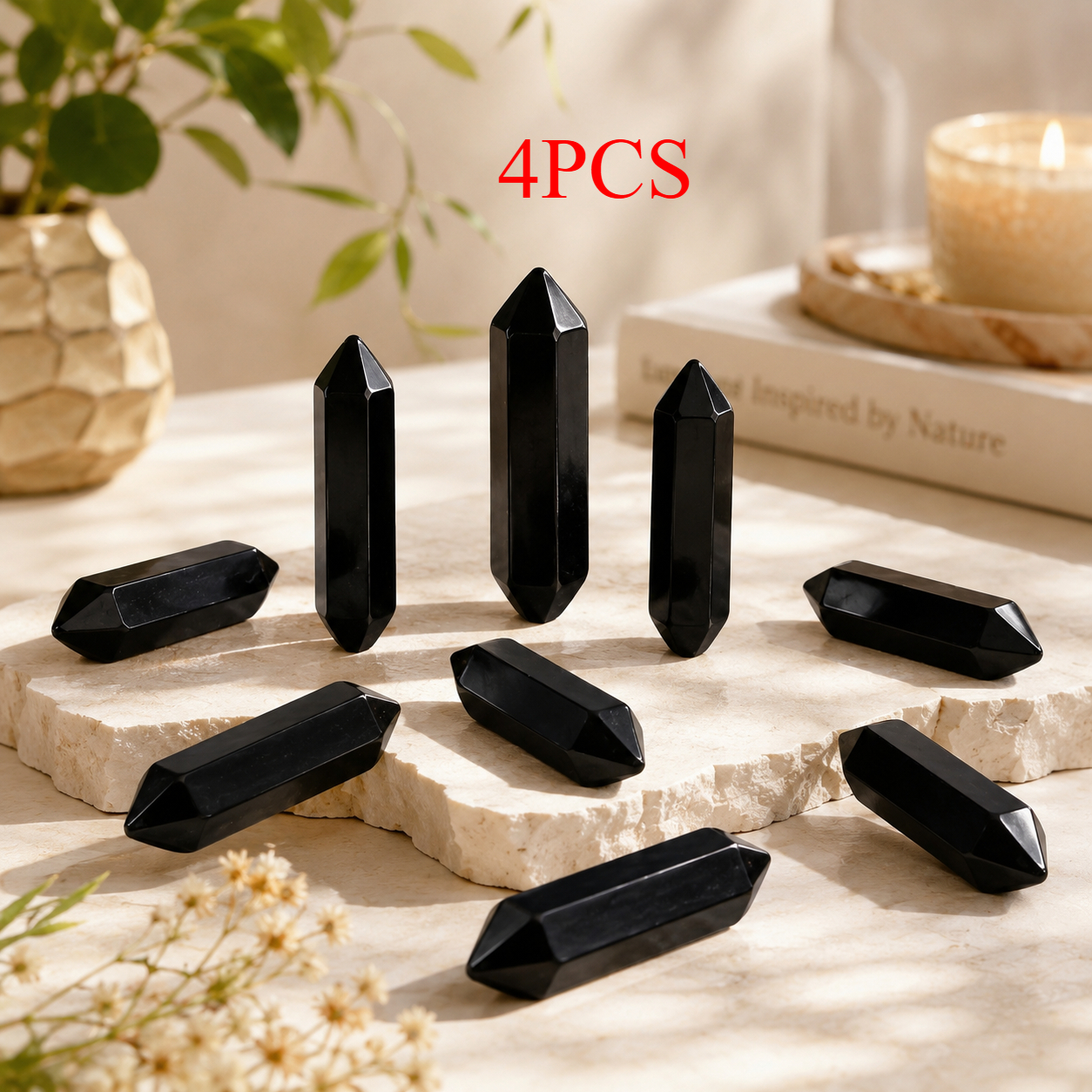 Natural Black Obsidian Stone, Smooth Double-Sided Hexagonal