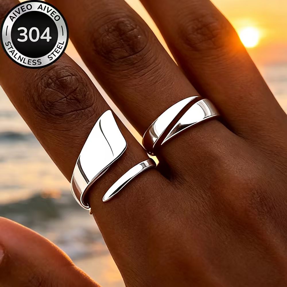2pcs Golden Stackable Open Rings Set, Hypoallergenic Stainless Steel