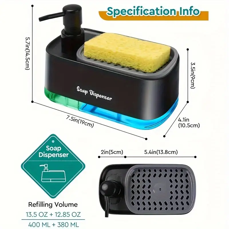 1 functional dish soap dispenser set with sponge holder kitchen bathroom soap dispenser plastic freestanding no battery needed perfect pump head leak proof design great christmas halloween gift christmas decoration Product details 6