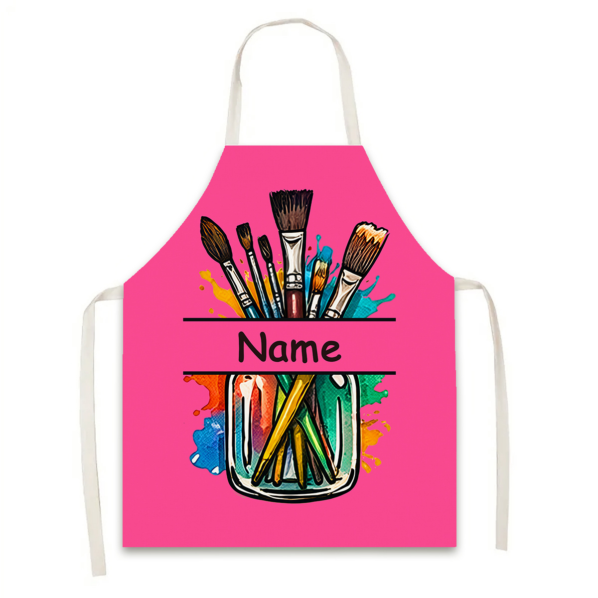 TEMU (customizable) 1pc, Customizable Name/slogan Kitchen Apron, Watercolor Brush Print Apron, Artistic Hand-drawn Style Themed Apron, Suitable For