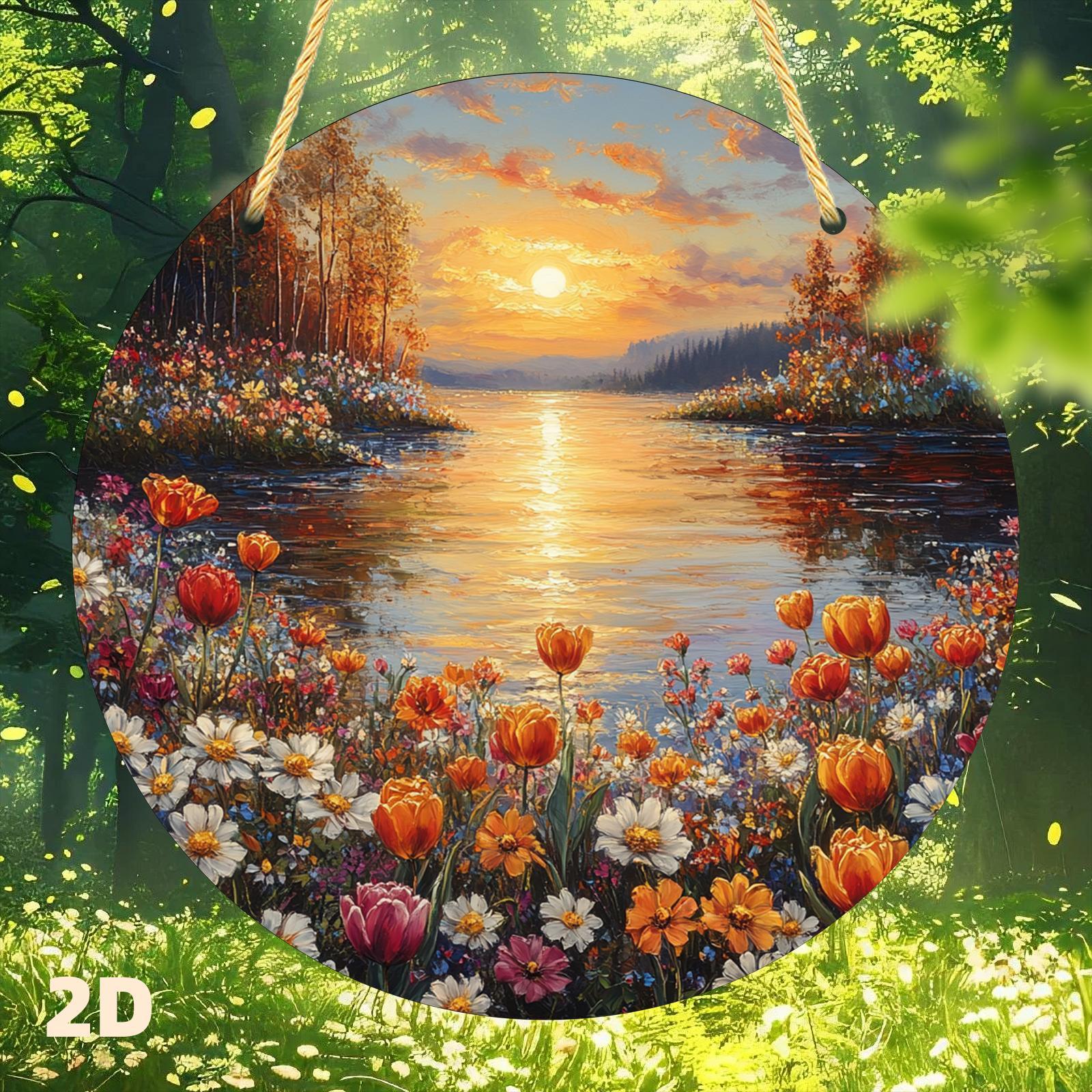 decorare de perete în stil retro cu tematică marină și florală la apusul soarelui din acrilic circular, pentru bucătărie, cafenea, sufragerie sau birou 0