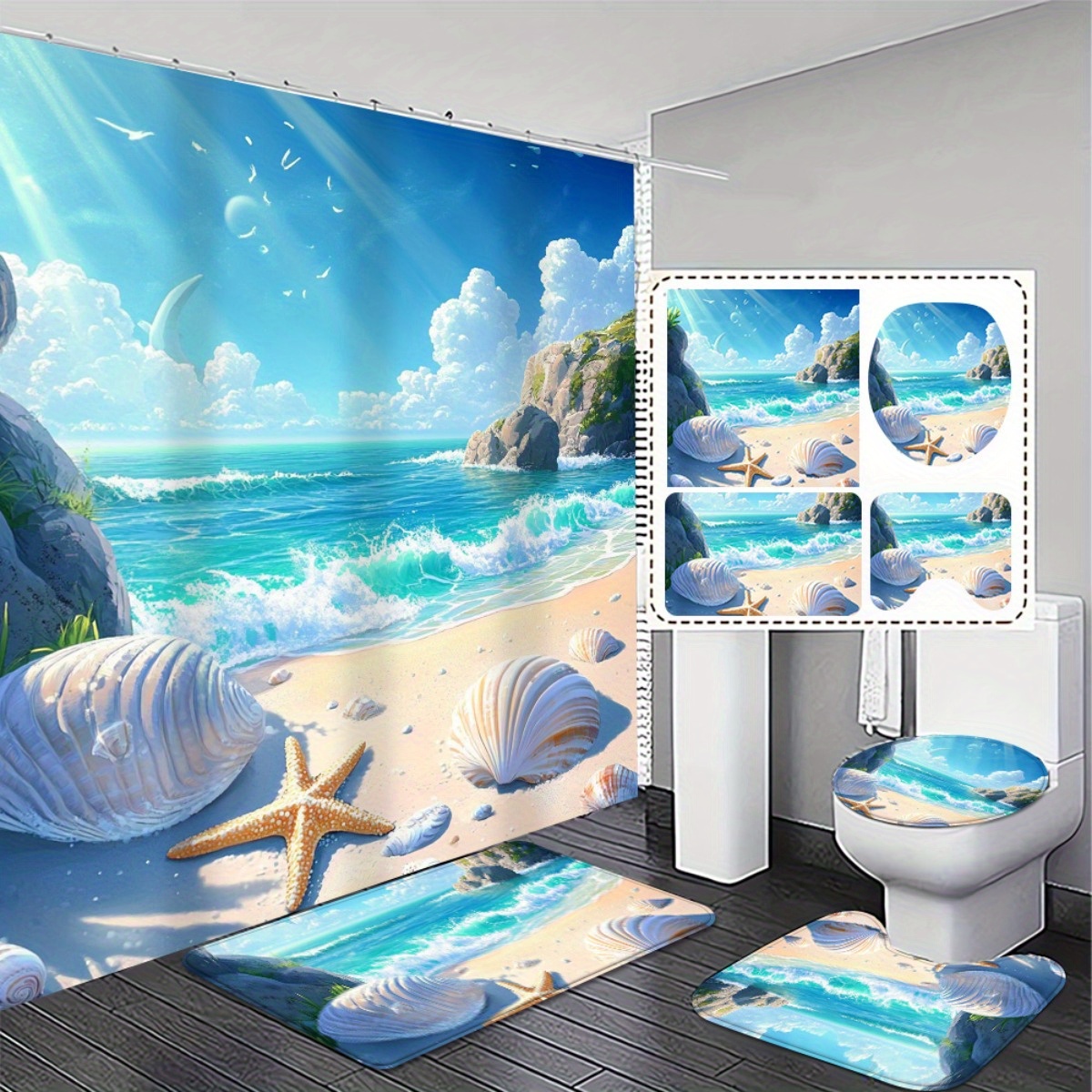 TEMU 2D-Flach, 4-tlg., Badezimmer-Set mit nautischem Strandmotiv – 2D-FLACHER Duschvorhang, rutschfeste saugfähige Teppiche Toilettendeckelbezug,
