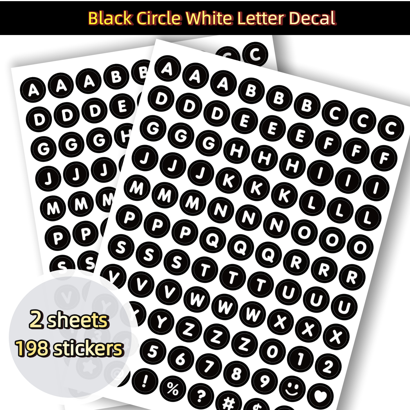 TEMU 2 Bögen/198 Stück Punkt-Buchstaben- & Zahlenaufkleber - 1,2 cm weiße Buchstaben schwarze Kreis-Aufkleber für DIY-Scrapbooking, Etiketten &