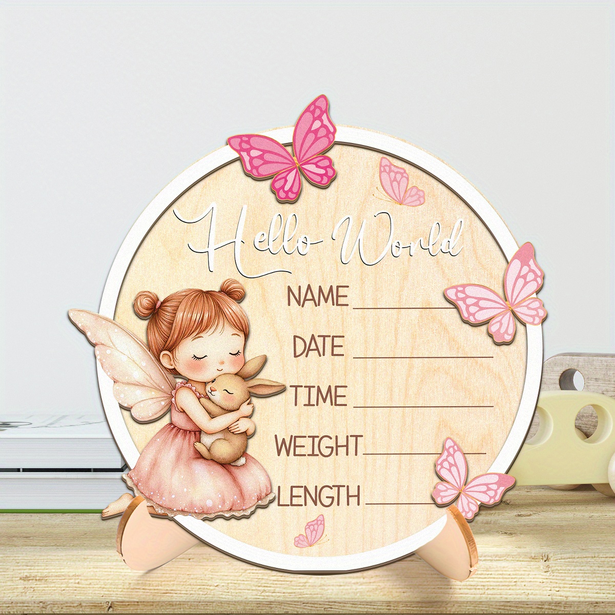 2d Flat - A 2d Wooden Birth Announcement Board In Bohemian Style, Designed For Engraving Names, Dates, And Weight/height Records, Suitable For Showers, Decorations
