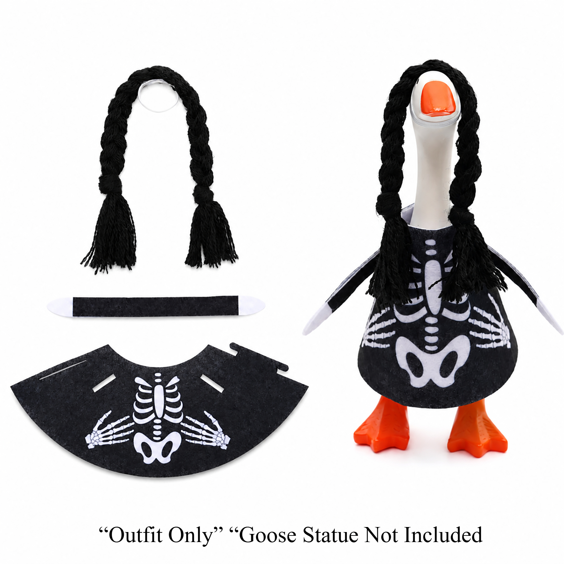 TEMU 3pcs Retro Felt Skeleton Goose Outfit Suitable For 7" Desk Statues - Black Braided Hair Dress For Mini Porch Goose Decor, Dia De Los Muertos,