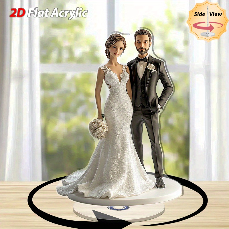 TEMU 2d Flat, 1pc Rotating Base Wedding Figurine - Dolls In White Dress & Suit, Suitable For Indoor/outdoor Decor, Tabletop Shelf Mantel Display - -