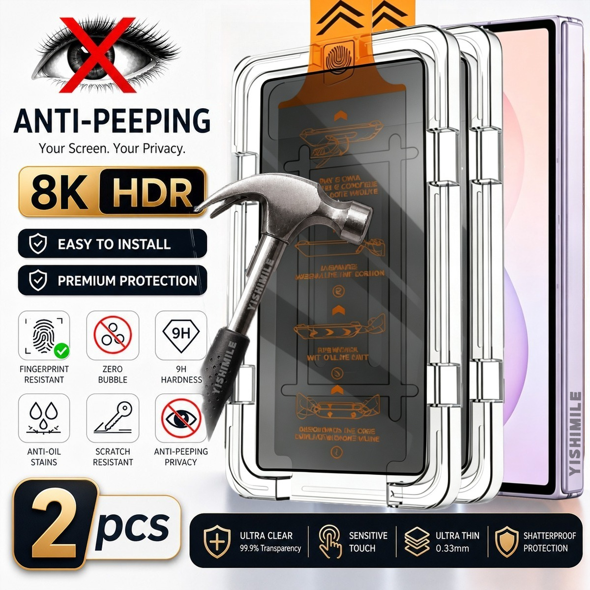 TEMU 2pcs Full Cover Privacy Tempered Glass Screen Protector For Galaxy Z Fold 8 Ultra /8 /7 /6 /5, Anti-spy Tempered Glass, 9h  Hardness,