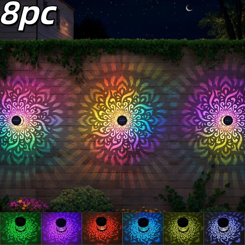 TEMU Solar Fence Lights, 7-color Changing Mandala Pattern Projection Solar Outdoor Lights, Auto Solar Wall Lights, Multicolor Led Decorative Solar