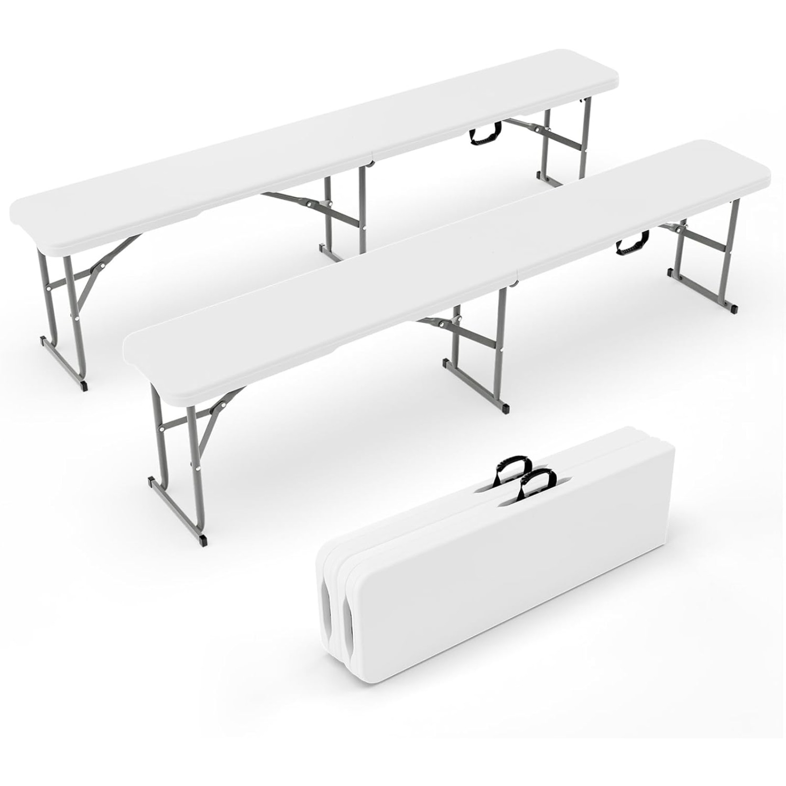 Bonnlo Set Of 2 Folding Benches - Weatherproof Plastic Garden Benches, Hallway Benches, Beer Benches, Ideal For Gardens, Camping And Outdoor Use, 182 X 28 X 43cm, White/ Black