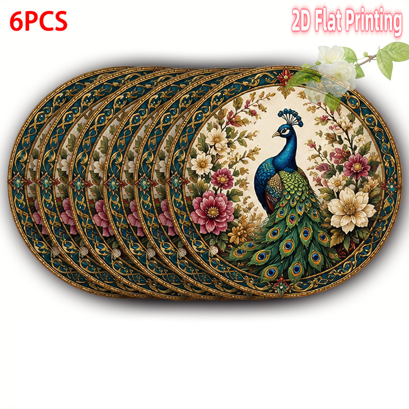 TEMU 2d Flat-4pcs-6pcs-8pcs Round Placemat Retro Ornate Peacock Floral-15x15 Inch (38×38cm) Polyester Fibers, Multi-scene Versatile, Washable Durable
