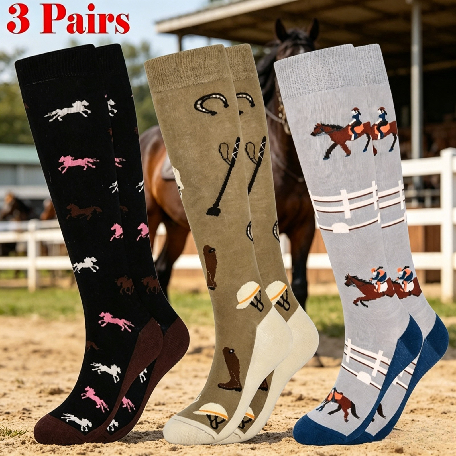 TEMU 3 de Calcetines Retro de Media Caña con Estampado de Caballos de Dibujos Animados, Calcetines de Equitación para Mujer, Calcetines Cómodos para
