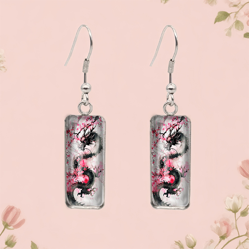 TEMU Fashionable Black Dragon Under Illustration Rectangular Hook Hanging Earrings Glass Earrings Gift