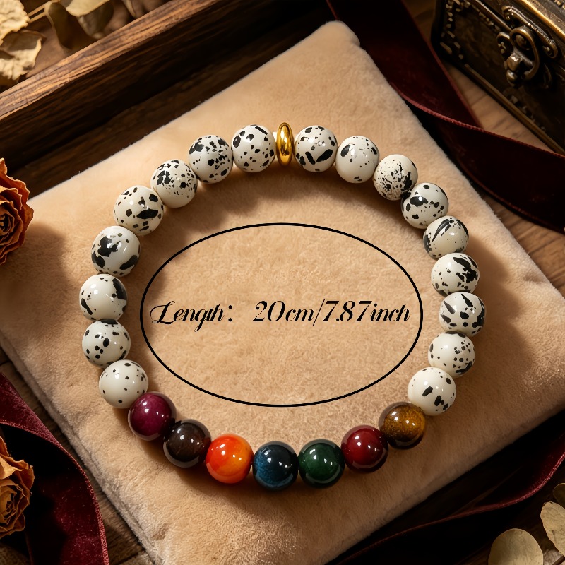 Unisex White Bead Bracelet with Black Speckles & Tiger's Eye