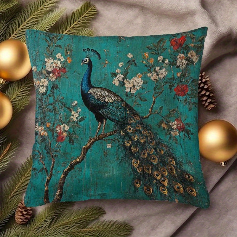 E-shop Pfauen-Stil Chinesisches Kunstmuster Türkis Mittelalter Kissenbezug, 18x18 Zoll - Weicher Kurzplüsch, Doppelseitiges Design, Reißverschluss,
