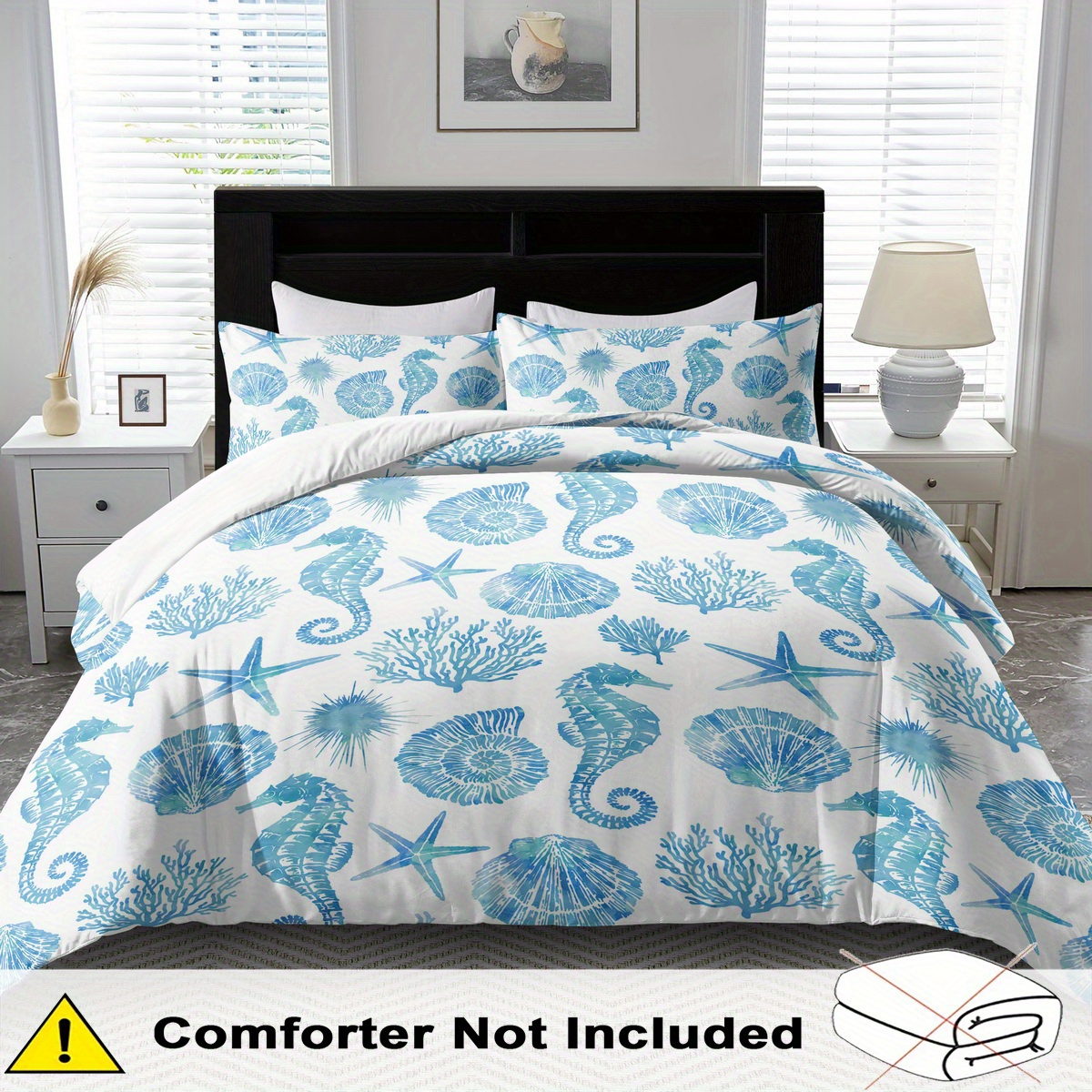 TEMU Ocean Blue Seashell & Seahorse Duvet Cover Set, Large , Polyester , Breathable Brushed Fabric, Multiple Pieces, Zip Closure, Machine Washable,
