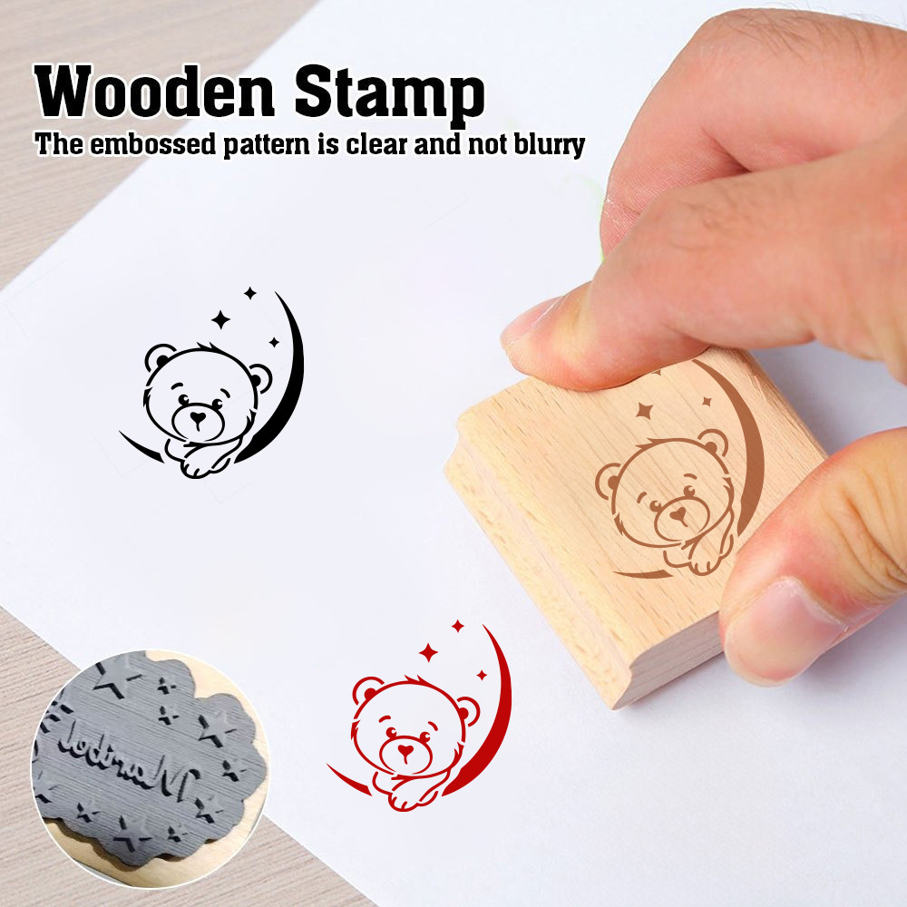 Cute Wooden Rubber Stamp of Little Bear on Crescent Moon