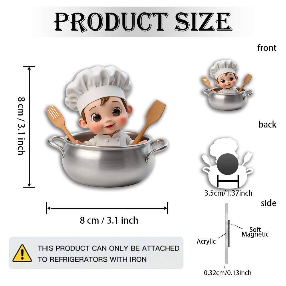 TEMU 1 Imán de Chef Adorable - Decoración Adorable con Gorro de Chef y Utensilios de Cocina, Imanes de Acrílico para Nevera para Sala de Juegos, para