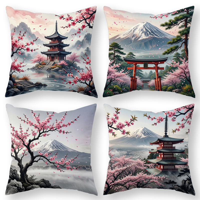 TEMU Printed Design - Not Textured, 4pcs Japanese-style Throw Pillow Covers, Decorative Cushion Cases, Cherry And With Pagoda And Torii Gates, Soft