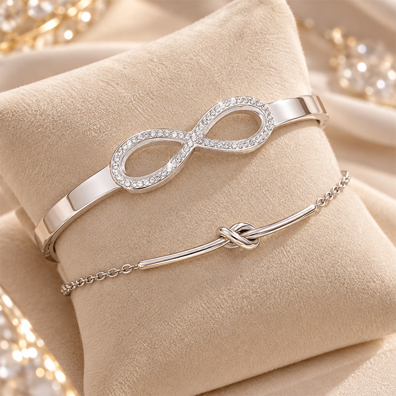 Women's Infinity Bangle & Simple Knot Thin Chain, Elegant Design