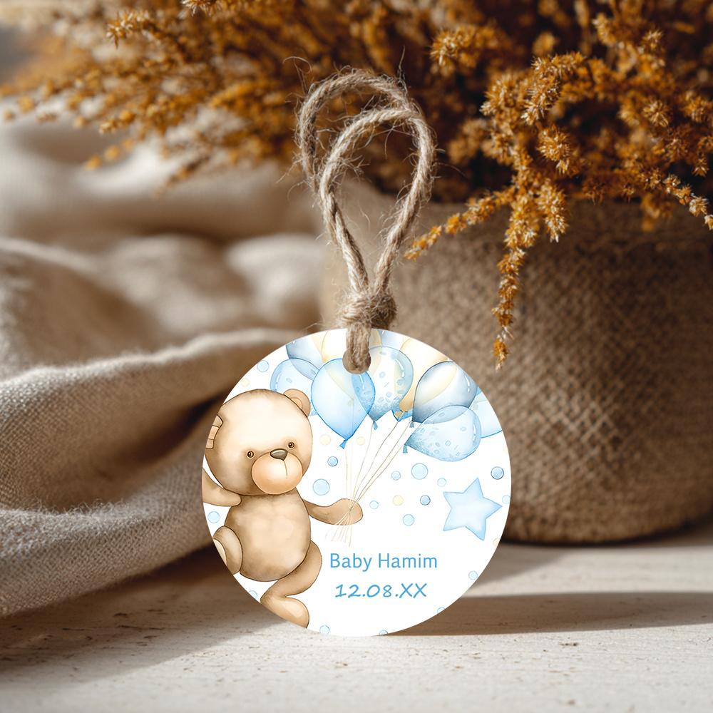 TEMU Etichette regalo personalizzate da 48 pz, 96 pz per baby shower con spago, testo personalizzato, design con orsetto e palloncino blu, adatte per