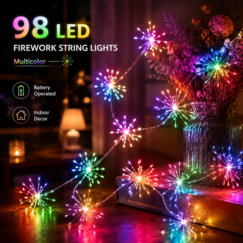 TEMU 1pc 302cm/118.13in Fairy Firework String Lights, Bedroom Fairy Decorative Lights, Christmas Tree Decoration Lights, Suitable For Festive