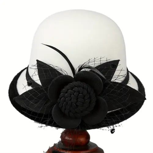 womens tweed bowler hat wide brim vintage church hats with mesh and flowers for fancy dress costumes accessory
