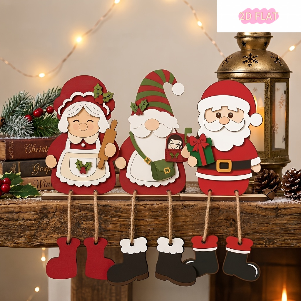 TEMU 3pcs Christmas Tiered Tray Decor Set, Wooden Laser-cut Hanging Leg Gnome Santa Claus Elf Reindeer Snowman Ornament Set, Decor