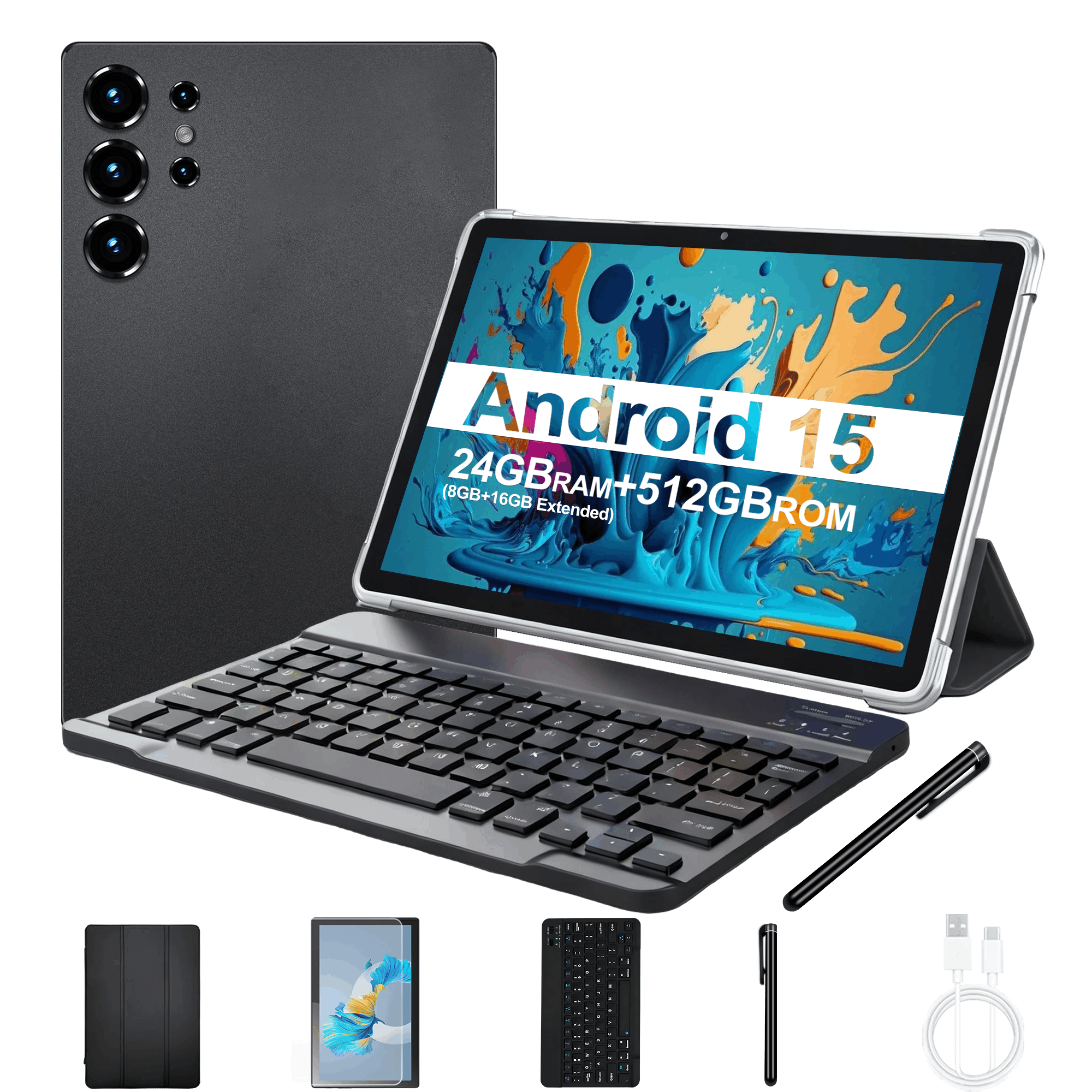 Tabletă Android 15 de 10.1 inch, 24GB RAM 512GB ROM, 5G Dual SIM, Ecran HD IPS, Baterie 6000Mah, Cameră 8MP+16MP, Quad-Core, Wifi 6, Type-C, Tabletă, Pad, Tabletă, Pad