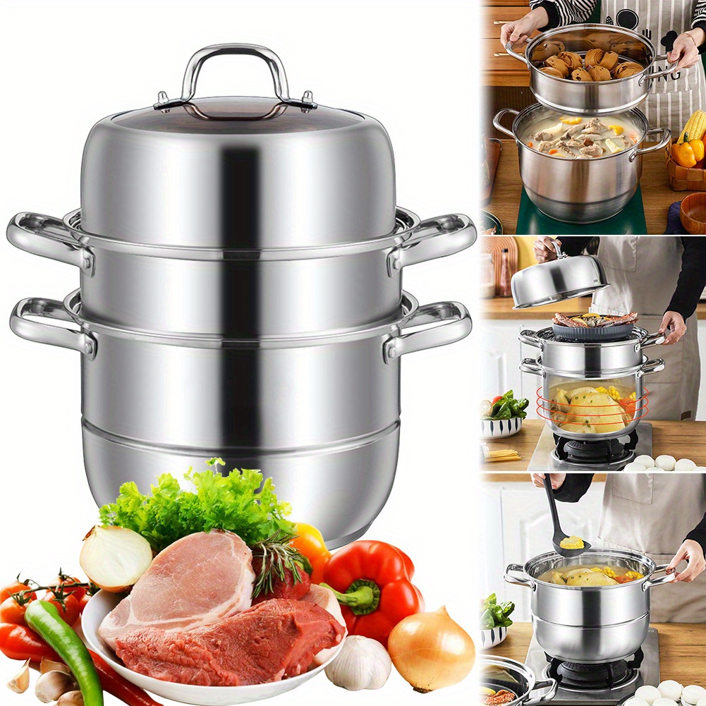 versatile 11 stainless steel steamer pot with tempered glass lid 3 tier thick bottom for healthy cooking of vegetables dumplings more details 2