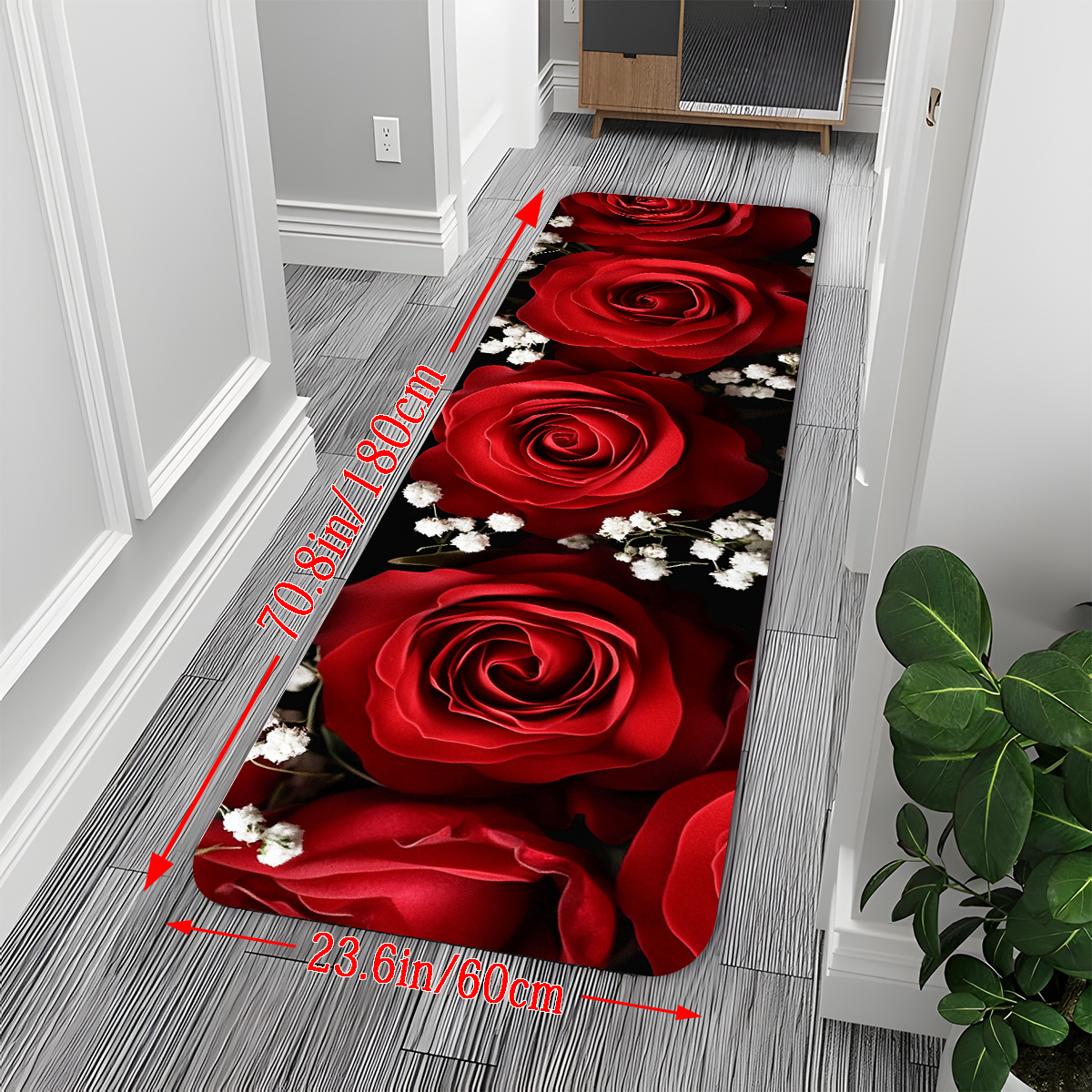 TEMU [1.0cm Thickness + Non-slip Backing] - 1pc Rose Pattern Runner Rug, Background Long Runner Rug, Bath Mat, Non-slip Runner Rug, Bedside/sofa Side