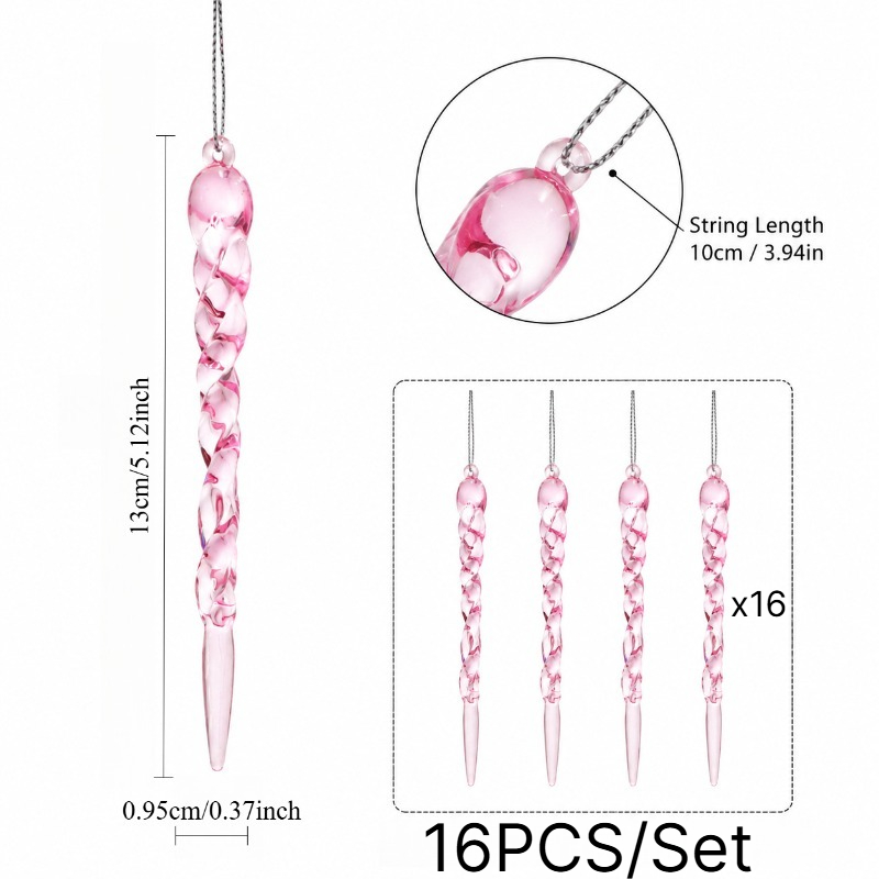 TEMU 16/27pcs Transparent Pink Spiral Acrylic Ice Shard Pendant With Hanging Rope, Suitable For Christmas Tree Full Branch Decoration, Restaurant