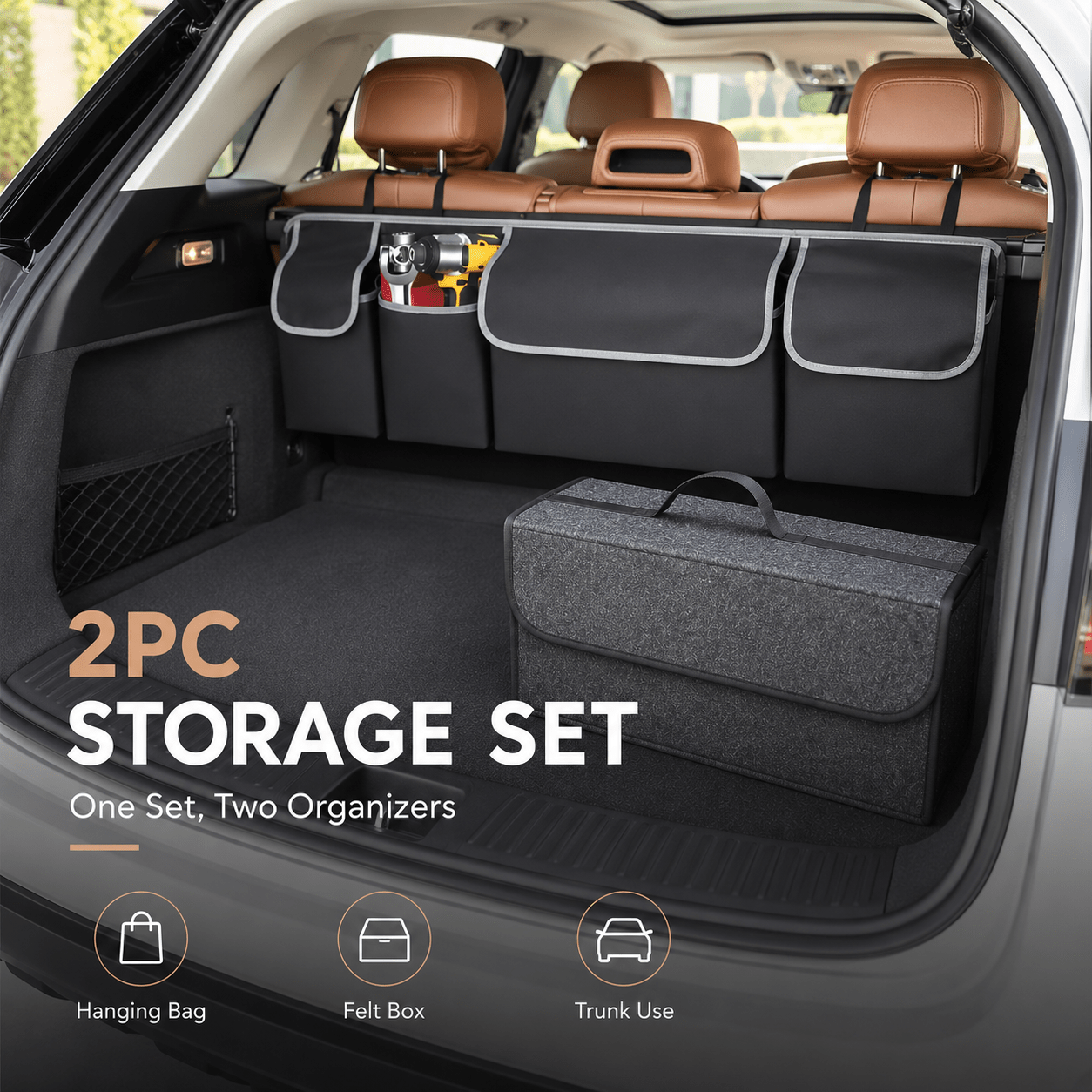 TEMU 2pcs Car Trunk Organizer Set, Back Seat Hanging Storage Bag And Collapsible Felt Box, Multi- Organizer For Suv, Sedan, Truck, Keep , Durable