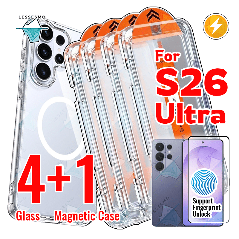 TEMU Easy-install 4pcs For S26 Ultra Screen Protector Kit Tempered Glass   1pc Magnetic Case [support Wireless Charging] Hd Protect Shockproof Soft