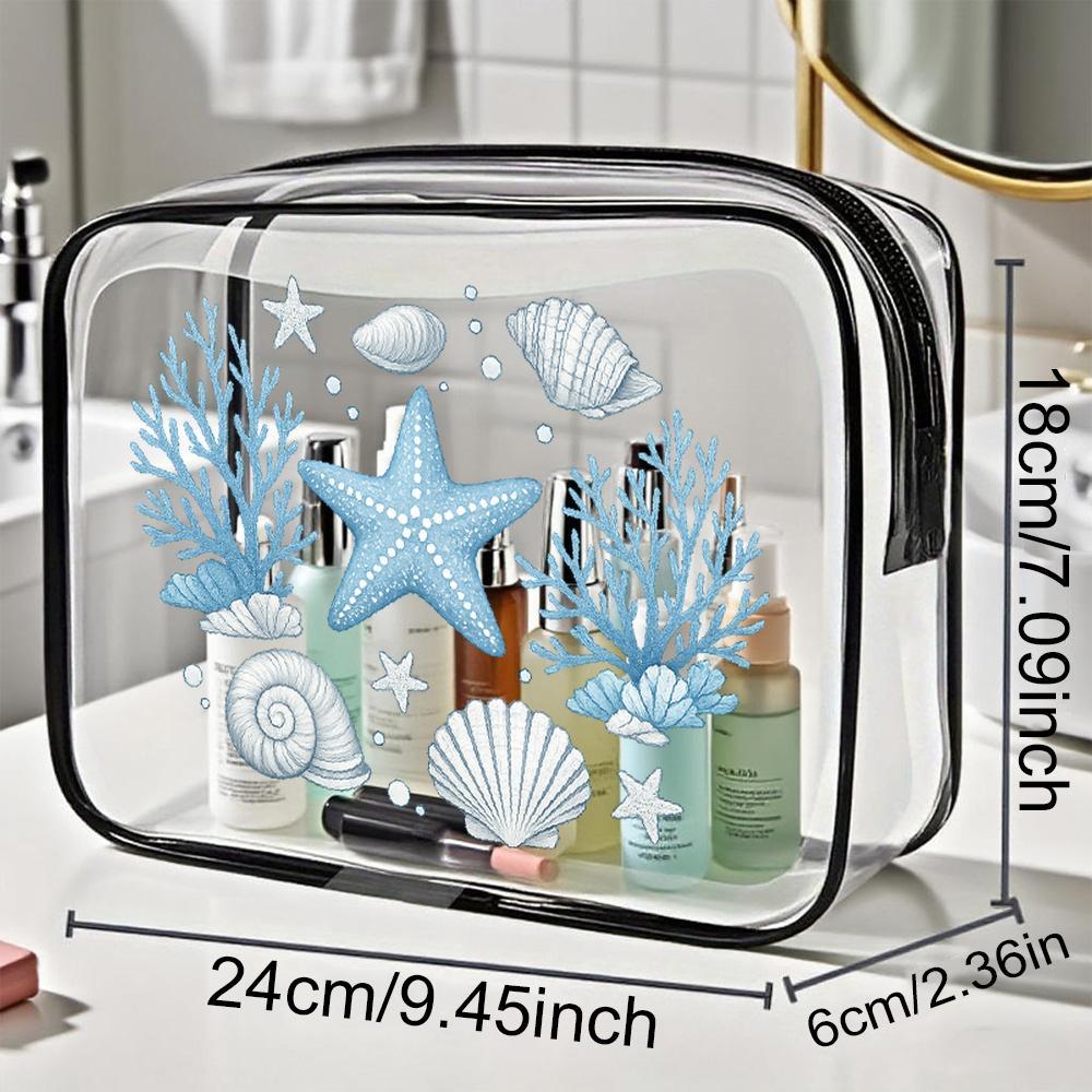 TEMU Cosmetic Bag Starfish Seashell Coral Clear Makeup Bag, Nautical Zippered Portable Cosmetic Pouch, Travel Toiletry Organizer Bathroom Storage Bag