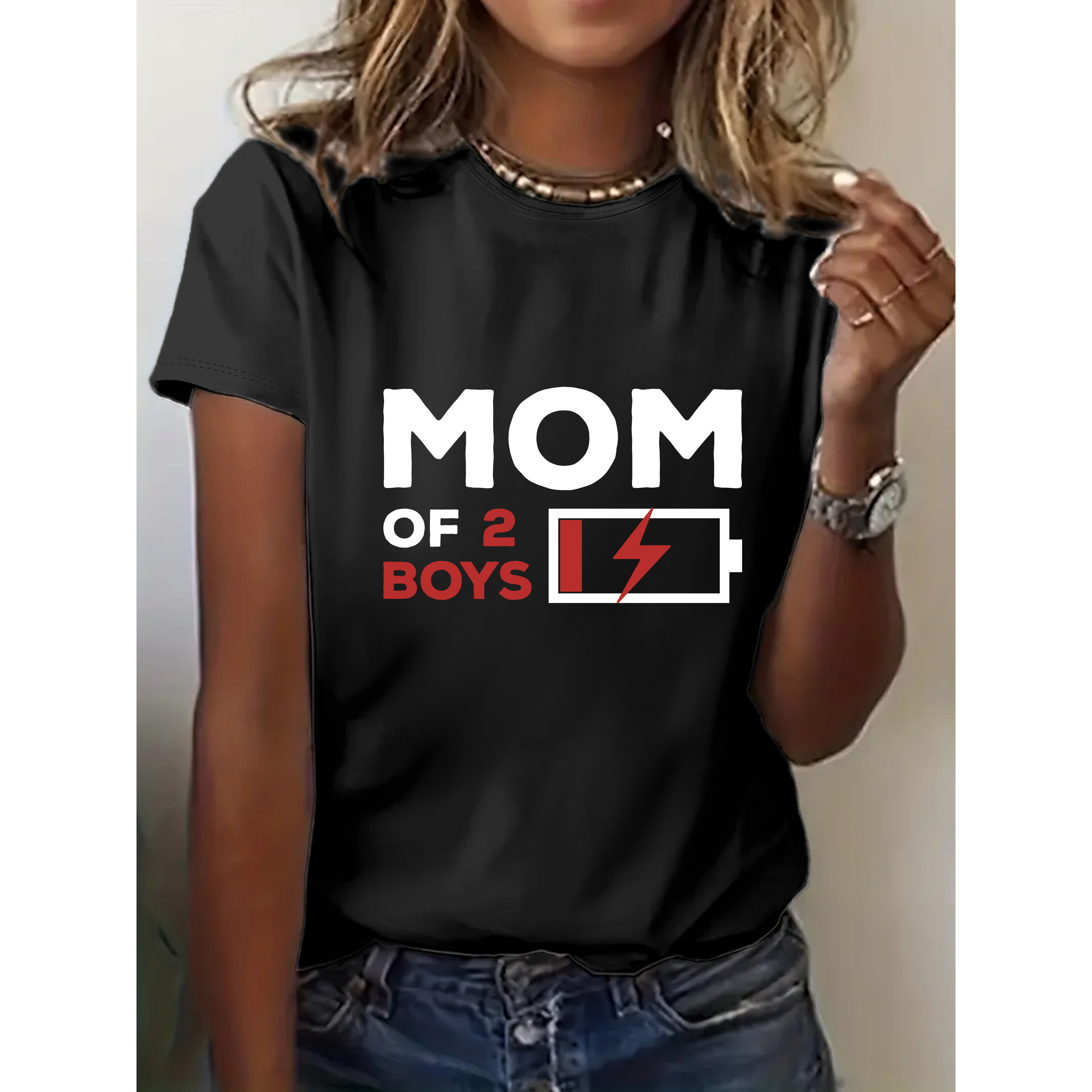 

Mom Of 2 Boys" Graphic Tee - Casual Black Short-sleeve Round Neck Top With Battery Icon, Stretchy Polyester & Elastane , Machine Washable - Casual Attire!