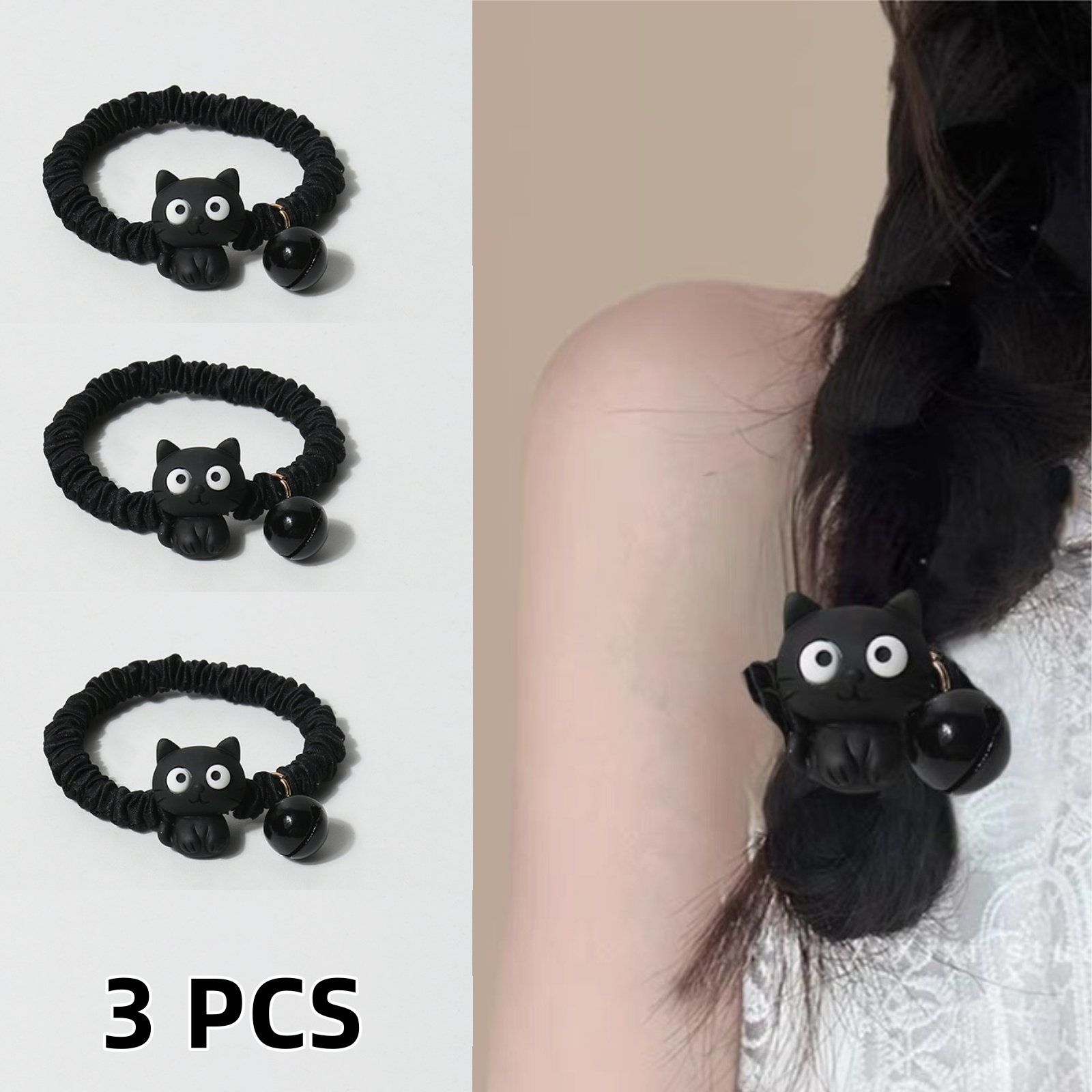 TEMU 3pcs Cat Headbands, Elastic Ponytail Holders, Available In Black And White, High Ponytail Hair Accessories For Women, Suitable For Hair, Elastic