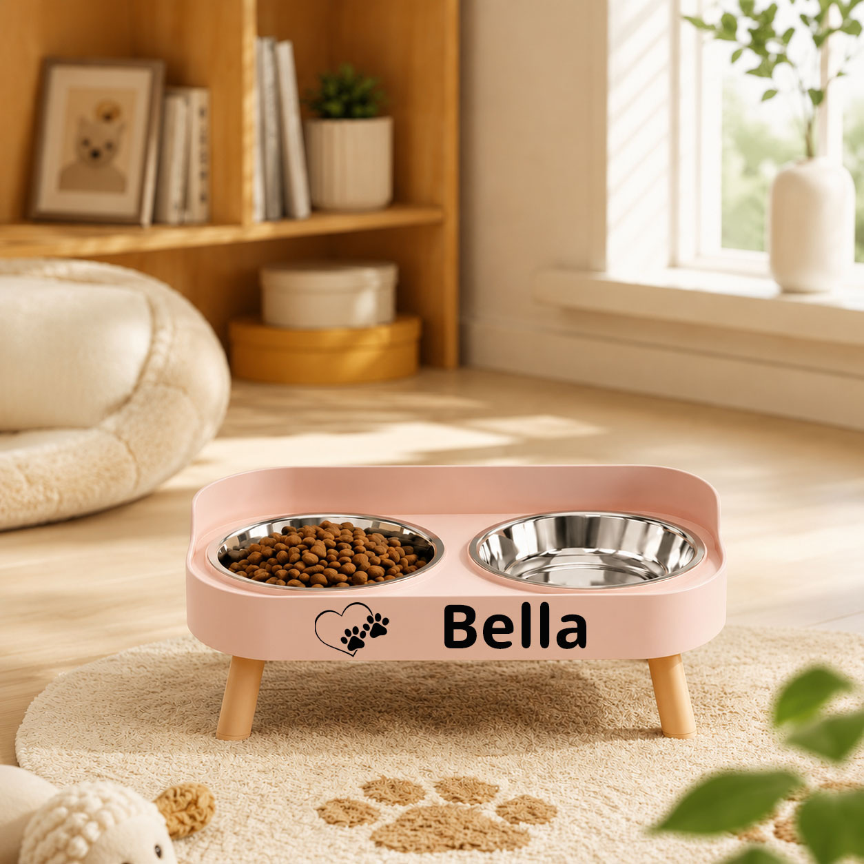 TEMU Ciotola per Animali Domestici in Acciaio con Supporto Rialzato e Protezione per il , Personalizzabile, Recinzione Antispruzzo e Antigoccia,