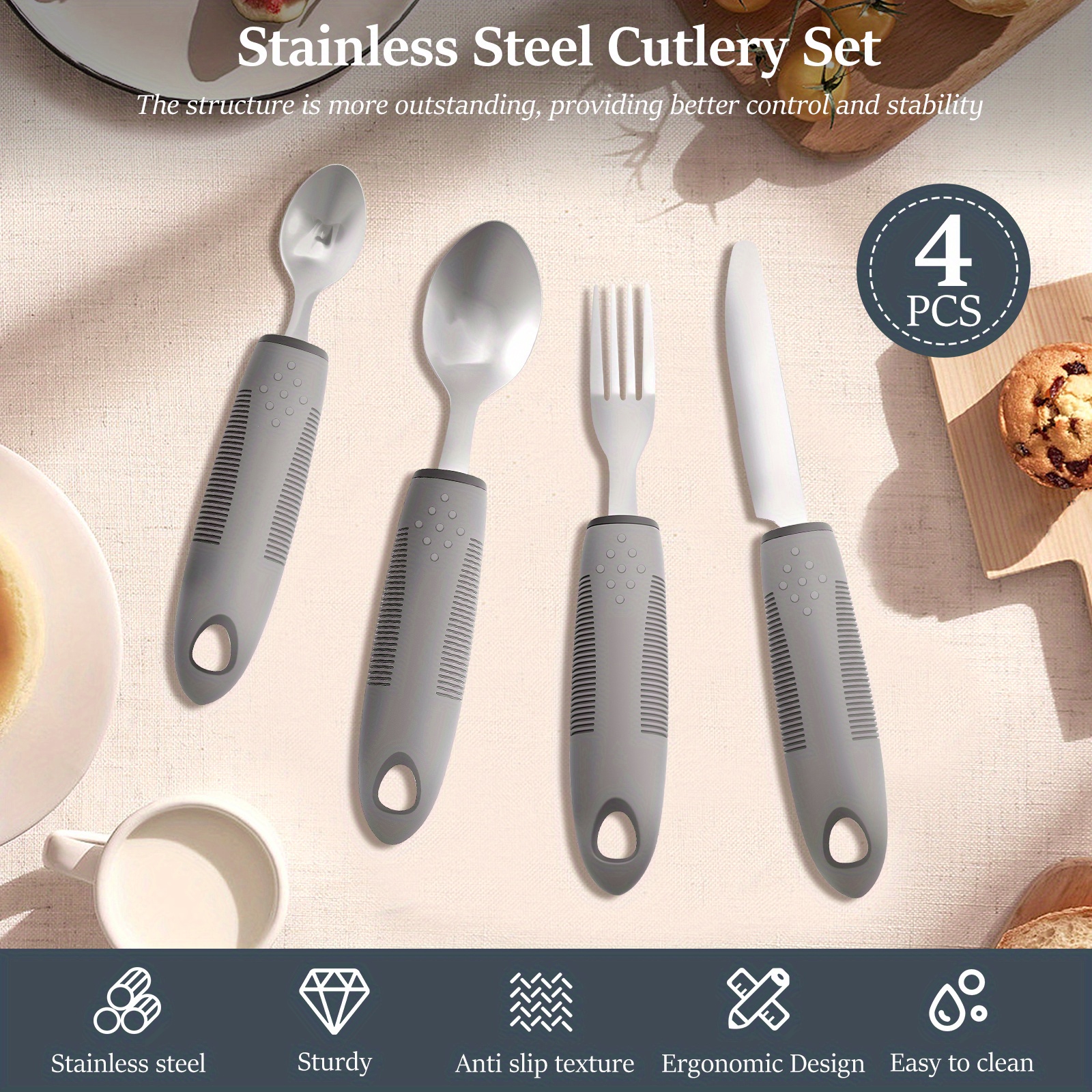 4pcs Adaptive Utensils Stainless Steel Built Up Utensils for Adults Complete Weighted Utensils Set Nonslip Easy Grip Silverware for Elderly and Persons with Shaking Hands Adaptive Utensil Set Easy Grip Silverware Set Adaptive Silverware Weighted