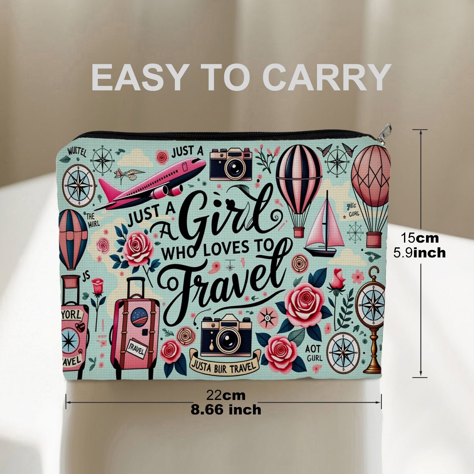 TEMU 1pc Travel Themed Print Polyester Cosmetic Bag, Double-sided Cute Illustration Design With Airplane, Camera & Suitcase Patterns, 5.9in X 8.66in
