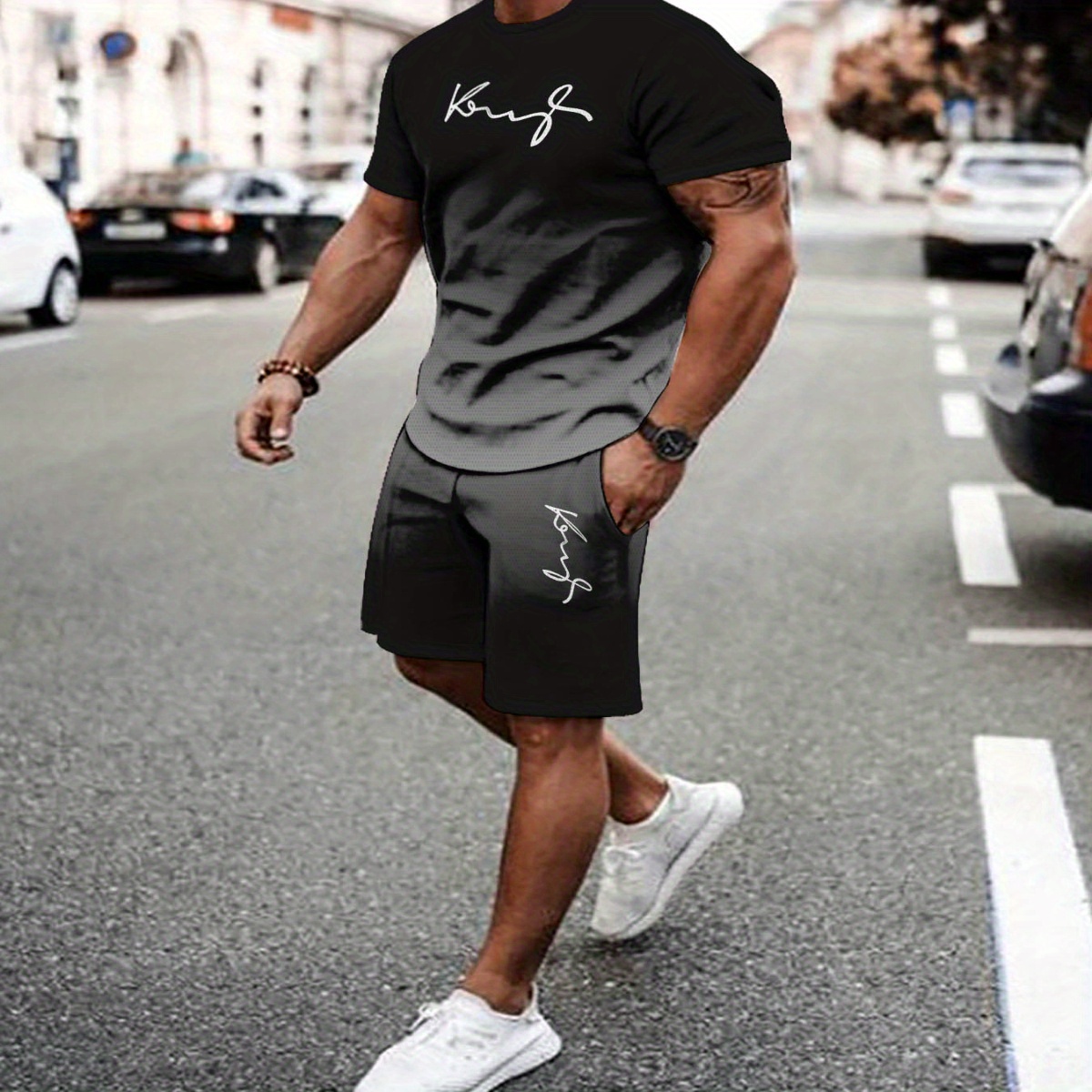 

Men's Summer Casual Sportswear Set: Breathable 3d Printed T-shirt & Shorts Combo - Stretchy Polyester-spandex , Machine Washable, Crew Neck Tee With Drawstring Waist Shorts For Outdoor Activities