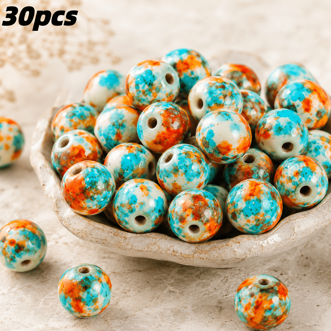 TEMU 30pcs 8mm Handmade Jewelry Additions Loose Beads Blue Orange Mixed Colorful Spotted Synthetic Through-hole Round Beads, Vintage Enamel Bead