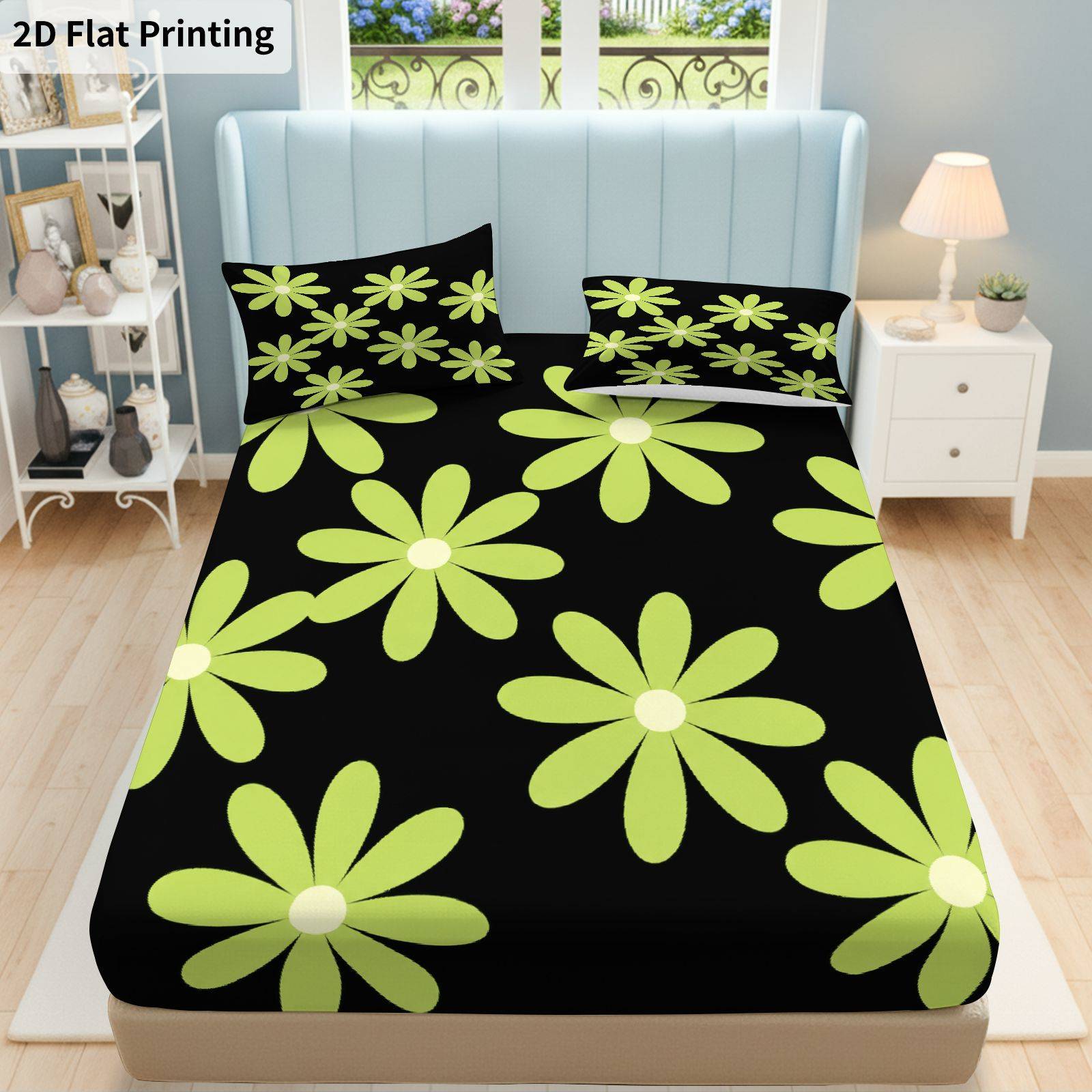 item picture 2d flat printing 3pcs floral daisy fitted sheet 3pcs set 1 fitted sheet 2 pillowcases   spring theme floral daisy pattern bedding mattress protector soft breathable 2d flat