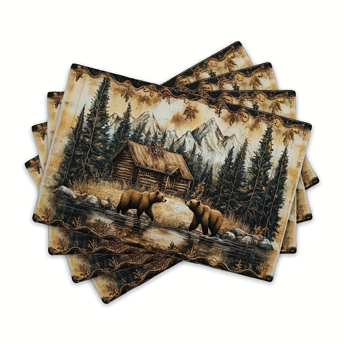 TEMU Of 4 Placemats Featuring A Bear And Cabin , Measuring 12x18 Inches, Heat-resistant, Decorative, Washable, Perfect For Home Dining Or Wedding