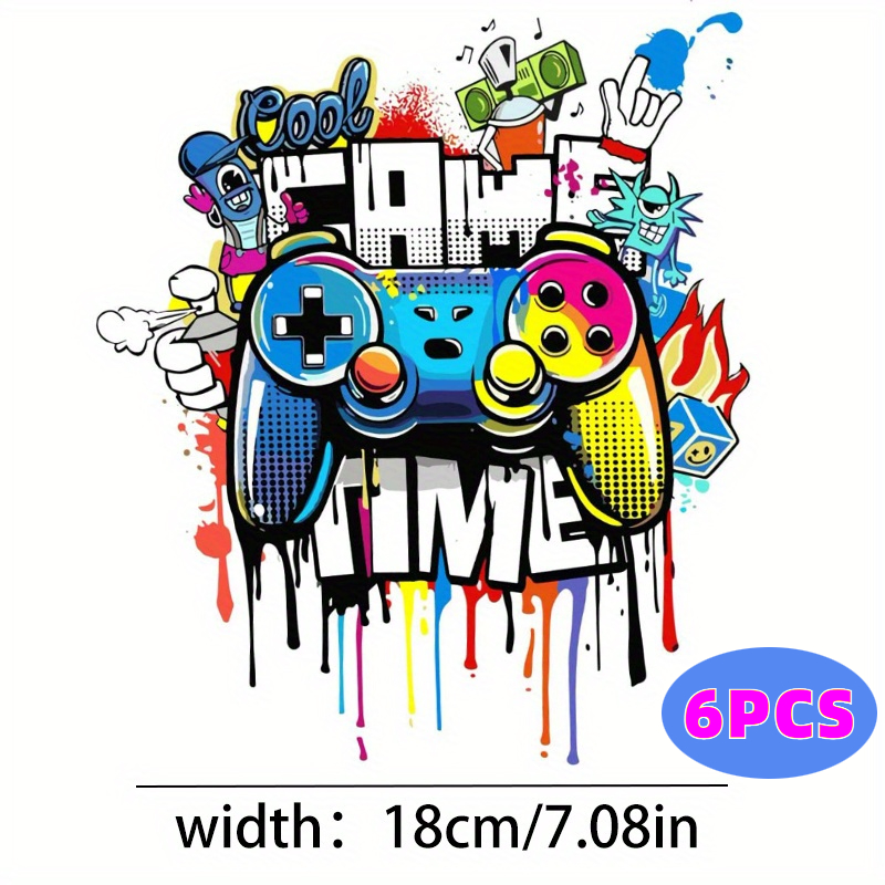 TEMU 6pcs Set Game Controller Heat Transfer Iron-on Patches, Suitable For T-shirts, Pillow Decor, Washable Plastic Patches, Applicable To Clothing,