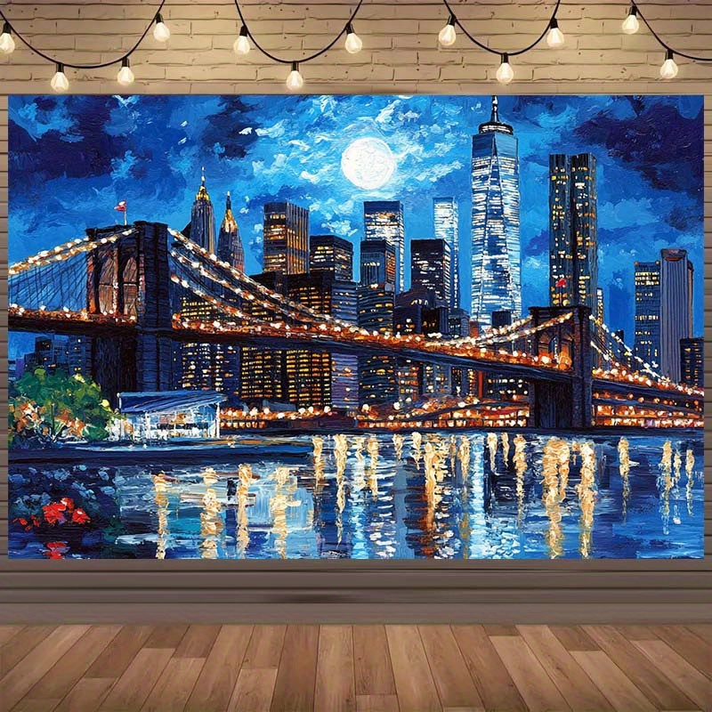 Tapeçaria skyline nova iorque ponte iluminada lua cheia_voghion.com