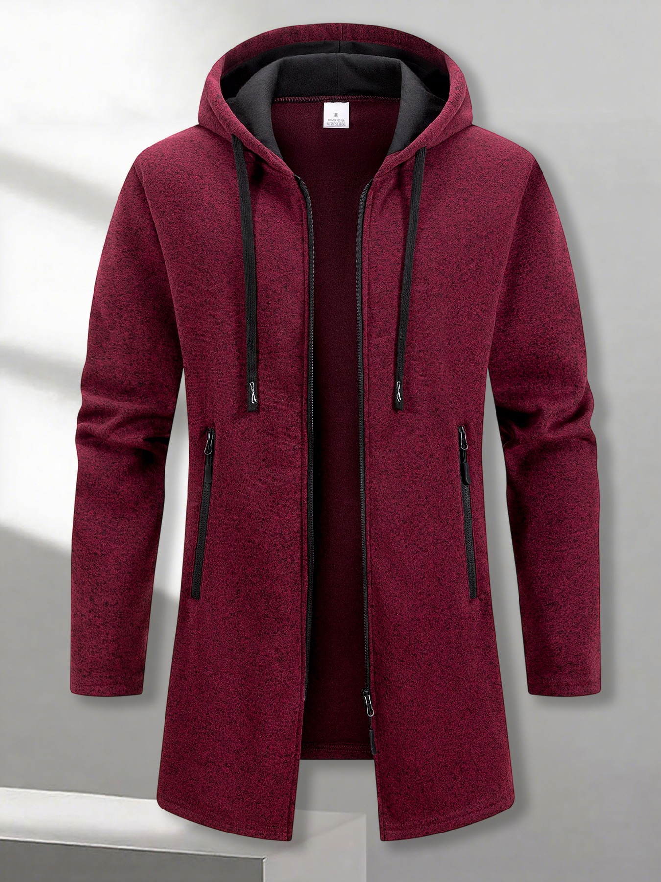 mens casual   length hooded jacket vintage street style sweatshirt solid color warm cardigan with contrast zipper pockets suitable for daily casual wear sports fitness and hiking