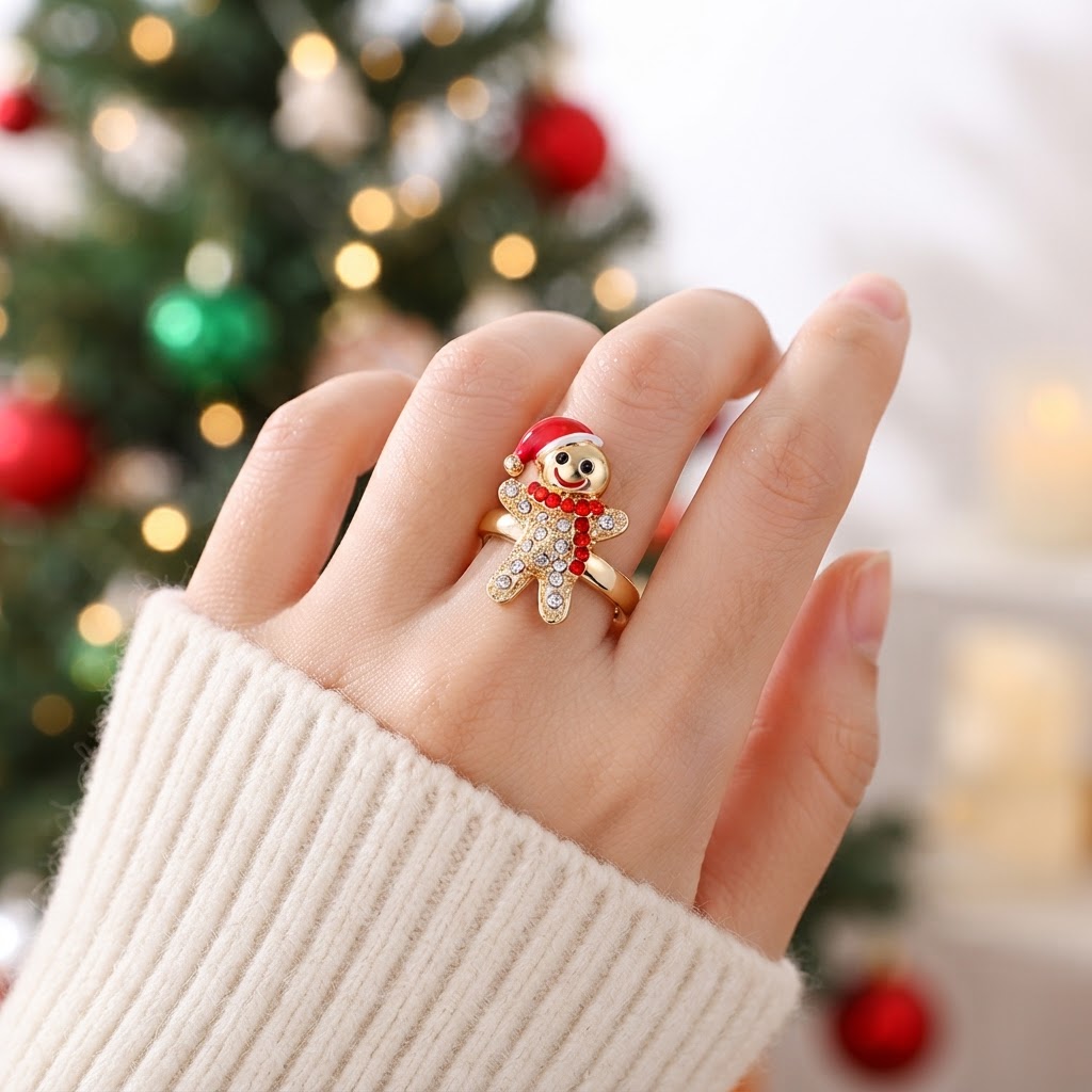 Copper Inlaid Zirconia Gingerbread Man Open Ring, Festive Gift