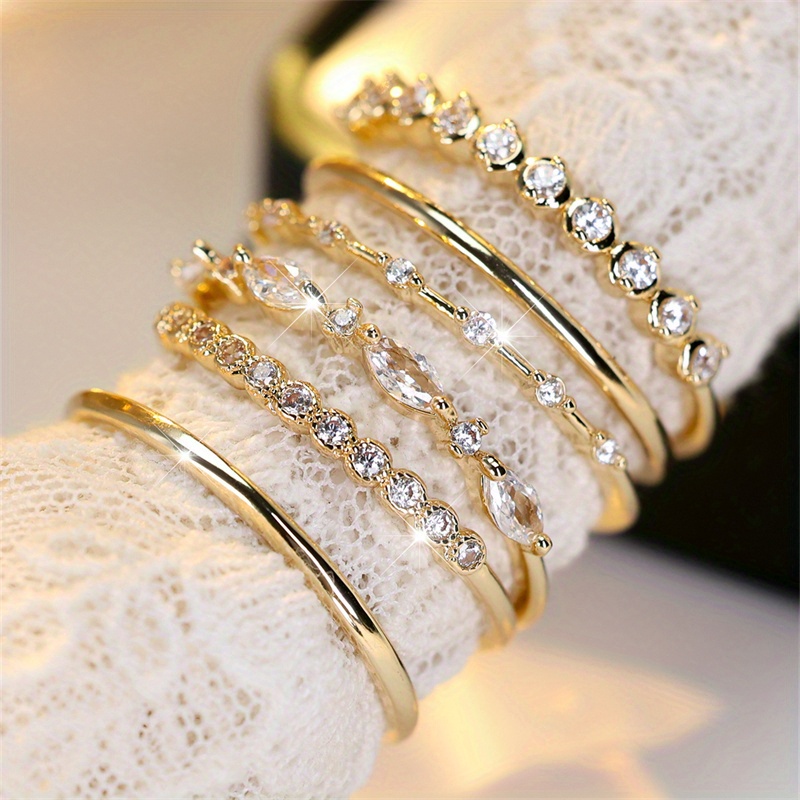 TEMU 6-teiliges/Set Ringset in Goldfarbe mit weißen Steinen, synthetischem Zirkonia-Ringset, Schmuckgeschenke zum Valentinstag